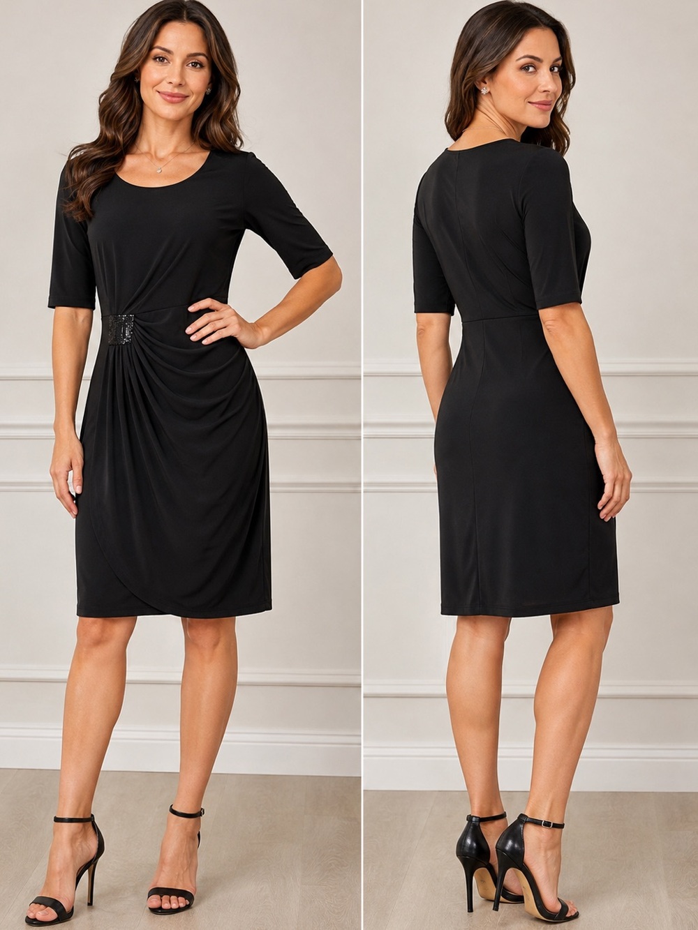 Bianca Nygård Black Elegant Ruched Sheath Dress with Embellished Waist Size S